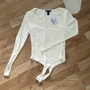 Forever 21 White Long Sleeve V-Neck Bodysuit Sz XS
